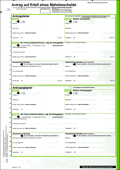 Amtlicher Antrag auf Erlass eines Mahnbescheides